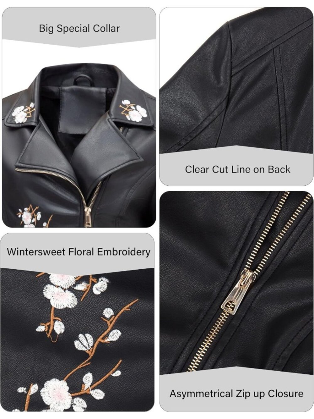 Women's Black Faux Leather Jacket Slim Spring Fall Pockets Floral Moto Coat - Picture 5 of 6